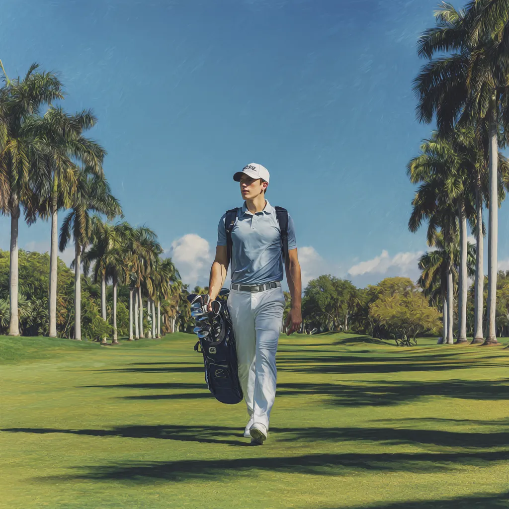 Young golfer walking down a lush green fairway with golf bag over shoulder